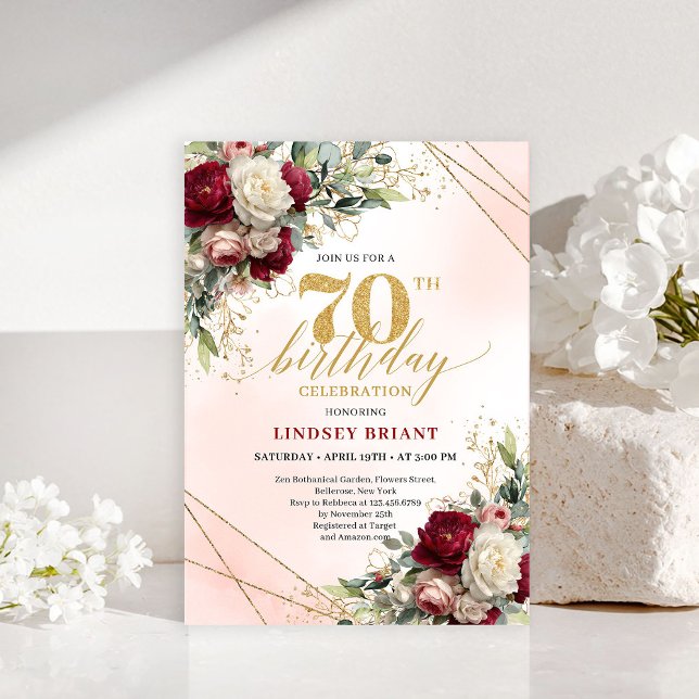 Convite Personalized floral gold 70th birthday invite card (Personalized floral gold 70th birthday invite card

)