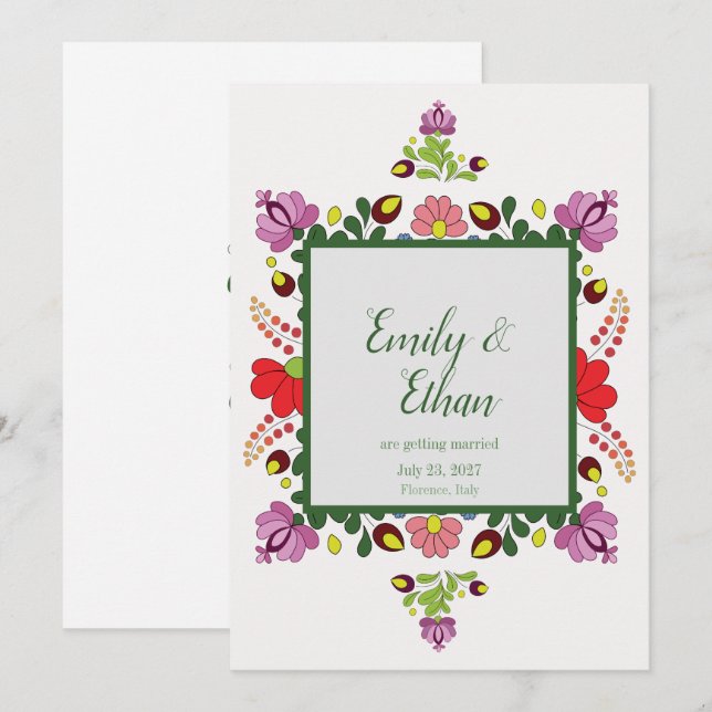 Convite Personalized Folk Floral Wedding & Back Design (Frente/Verso)