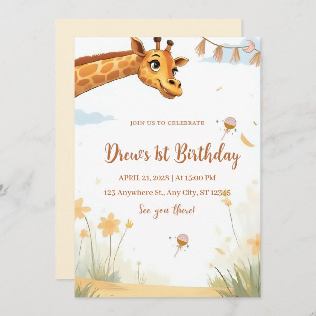 Convite Personalized Giraffe Safari Birthday Invitation (Frente/Verso)