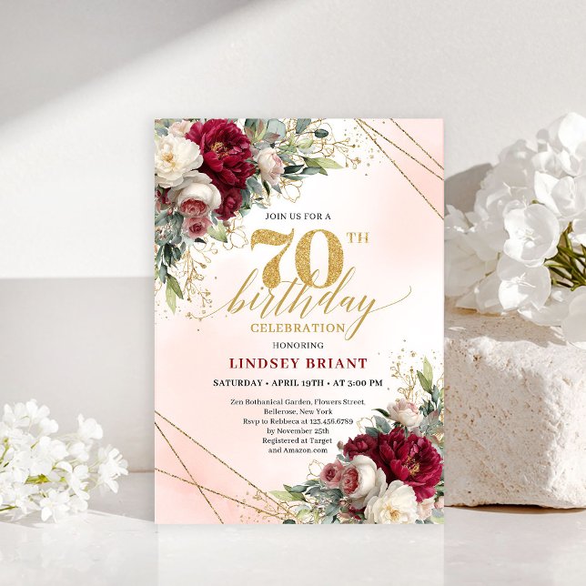 Convite Personalized Gold Floral 70th Birthday Invitation (Personalized Gold Floral 70th Birthday Invitation)