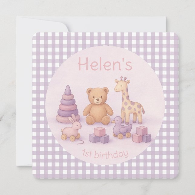 Convite Personalized Lavender Gingham Birthday Invitation (Frente)