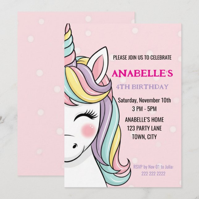 Convite Personalized Magical Unicorn Birthday  (Frente/Verso)