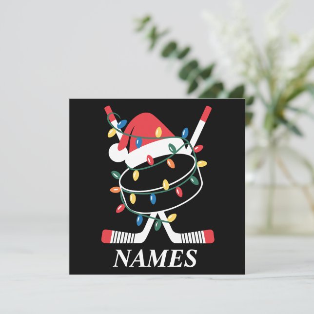 Convite Personalized Name Christmas Hockey Xmas Santa Hat (Em pé/Frente)