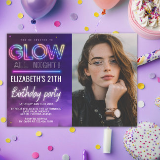 Convite Personalized Neon Glow Birthday Invitation Photo