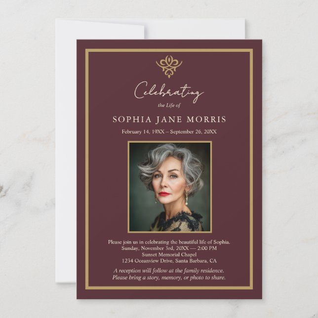 Convite Personalized Old Money Burgundy Funeral Invitation (Frente)