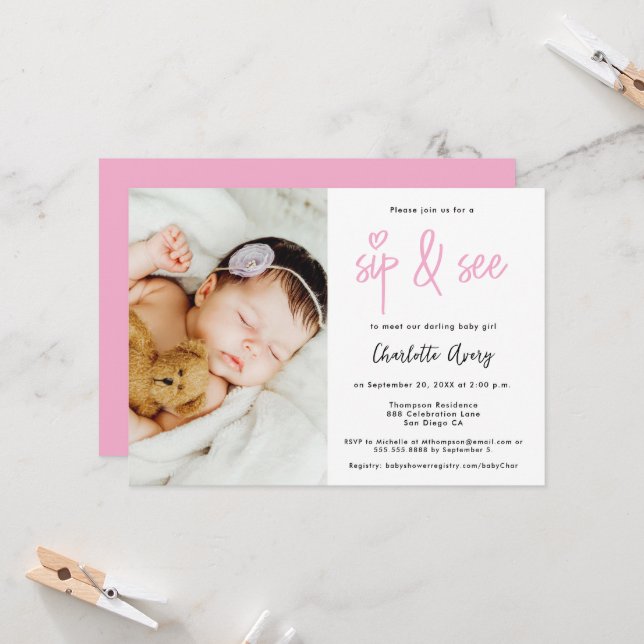 Convite Personalized Photo Sip and See Baby Girl Shower (Frente/Verso In Situ)