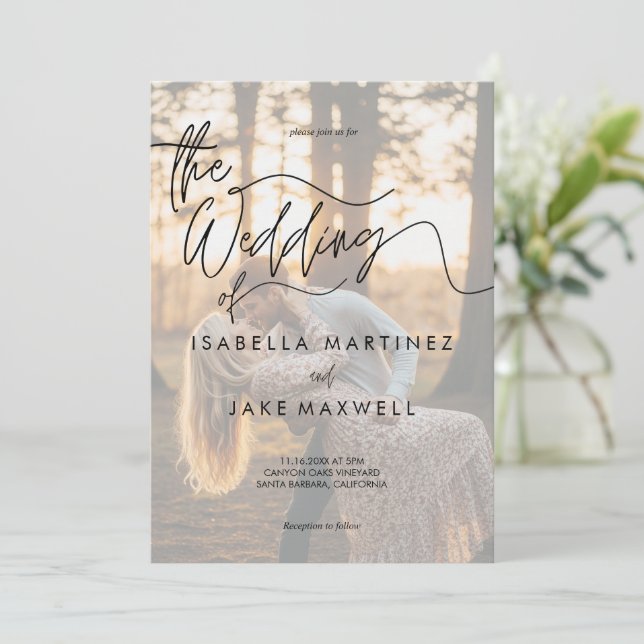 Convite Personalized Photo Sunset Elegant Script  Wedding  (Em pé/Frente)