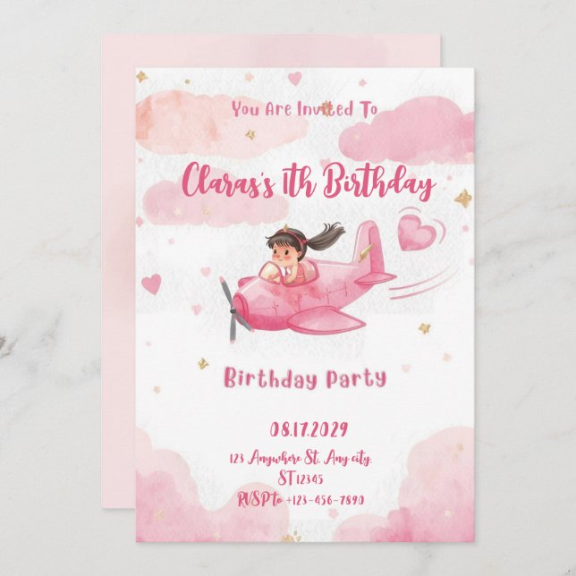 Convite Personalized Pink Airplane Girl Birthday Invitatio (Frente/Verso)