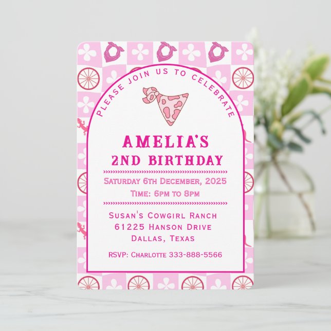 Convite Personalized Pink Cowgirl Birthday Party  (Em pé/Frente)