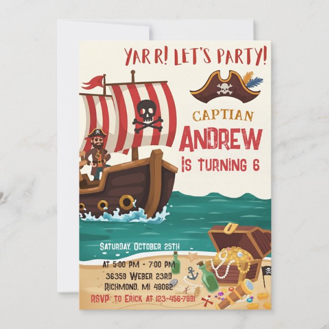 Convite Personalized Pirate Birthday Party Invitation Card (Frente)