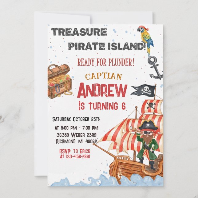 Convite Personalized Pirate Birthday Party Invitation Card (Frente)