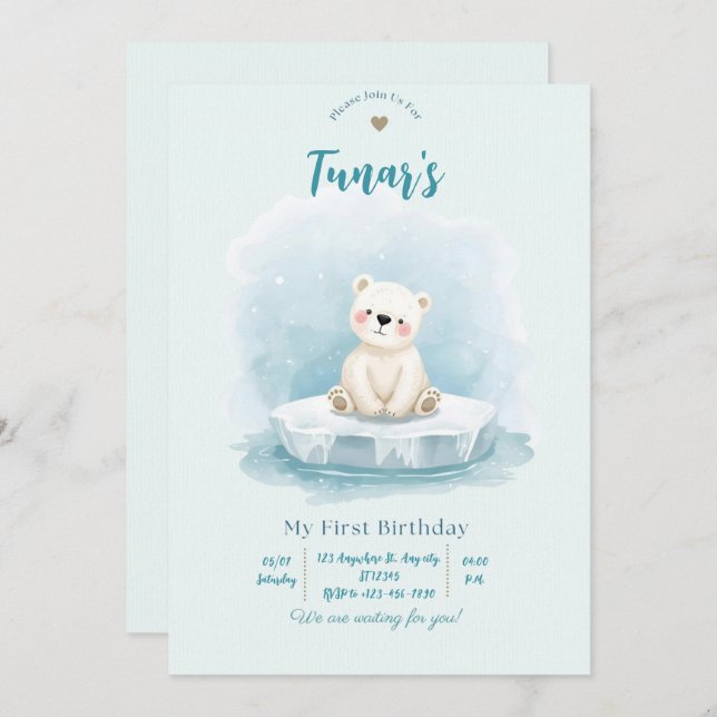 Convite Personalized Polar Bear Birthday Invitation (Frente/Verso)