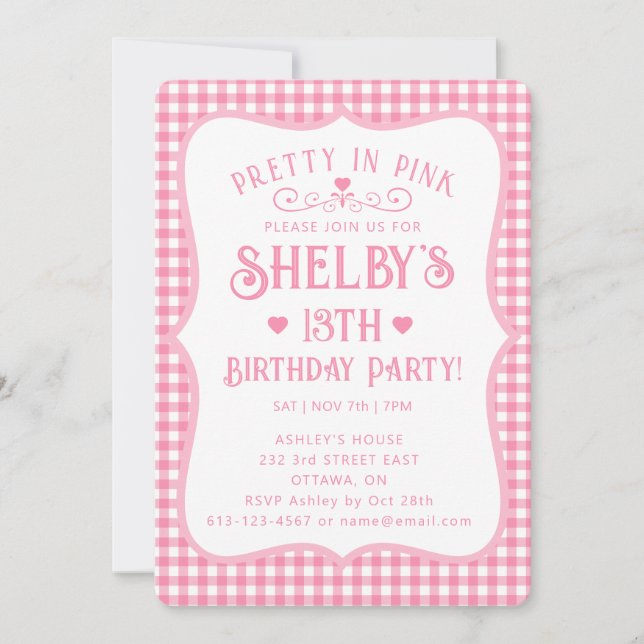 Convite Personalized Pretty Pink Plaid 13th Birthday  (Frente)