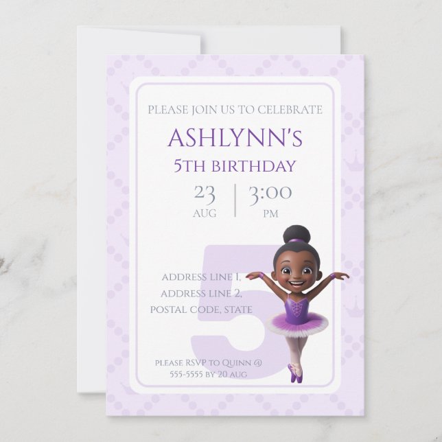 Convite Personalized Purple Ballerina Ballet Birthday (Frente)