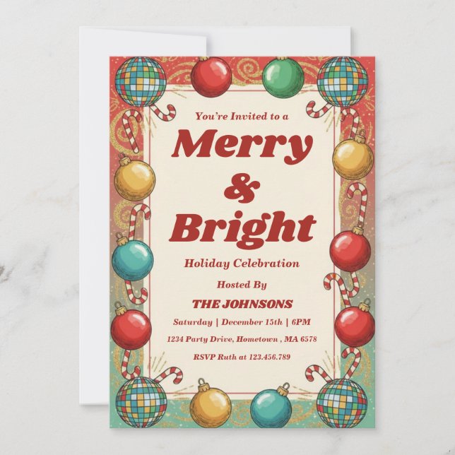 Convite Personalized Retro Merry & Bright Holiday Party (Frente)