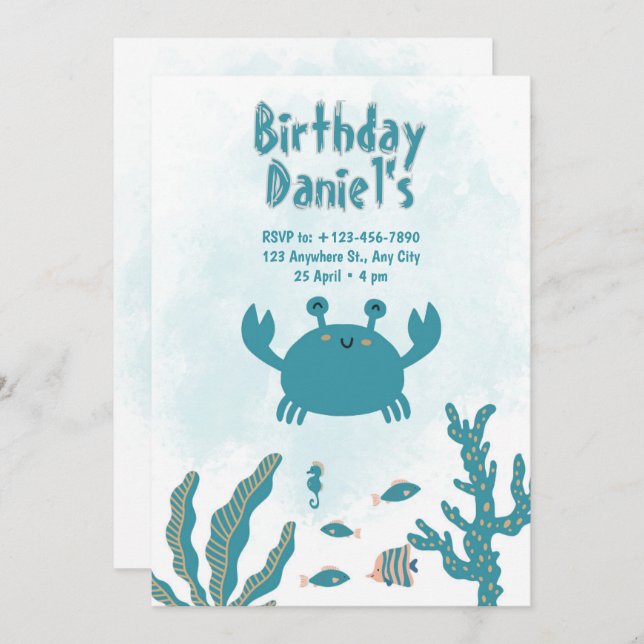 Convite Personalized Under the Sea Crab Birthday Invitatio (Frente/Verso)