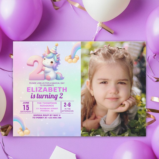 Convite Personalized Unicorn 2nd Birthday Photo Invitation (Criador carregado)