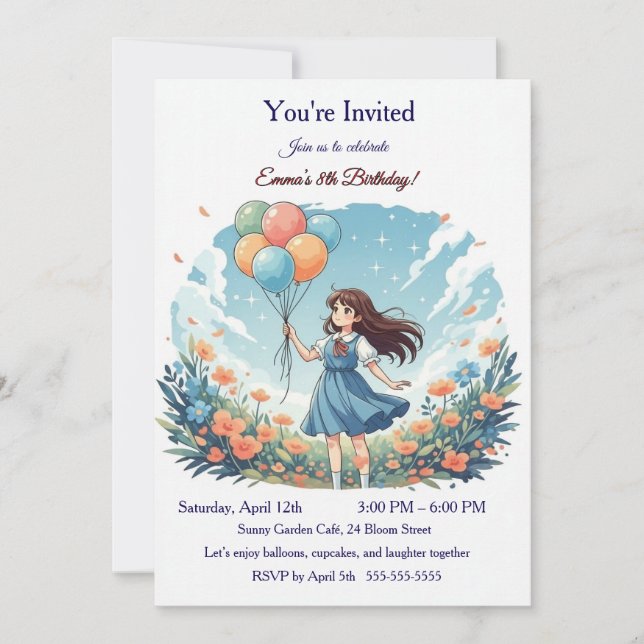 Convite Personalized Whimsical Anime Girl 8th Birthday Par (Frente)