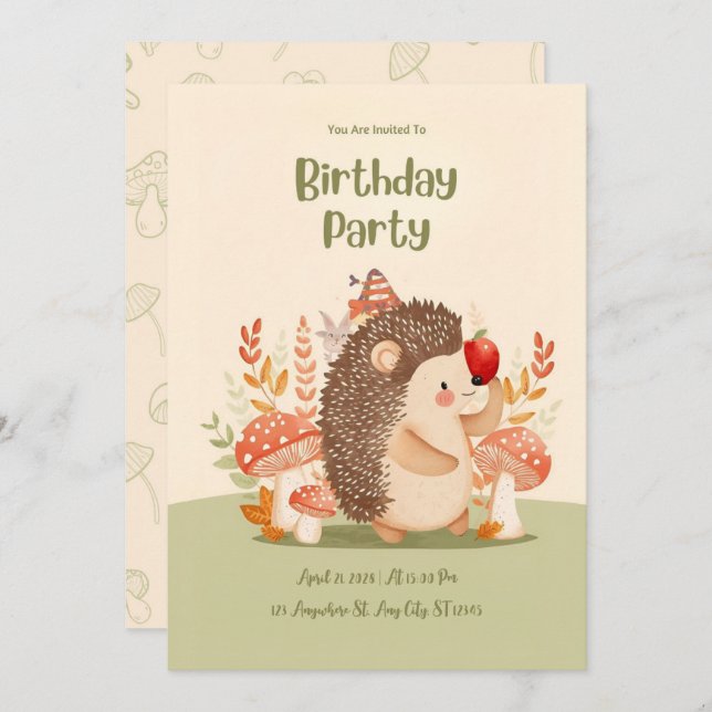 Convite Personalized Woodland Hedgehog Birthday Invitation (Frente/Verso)