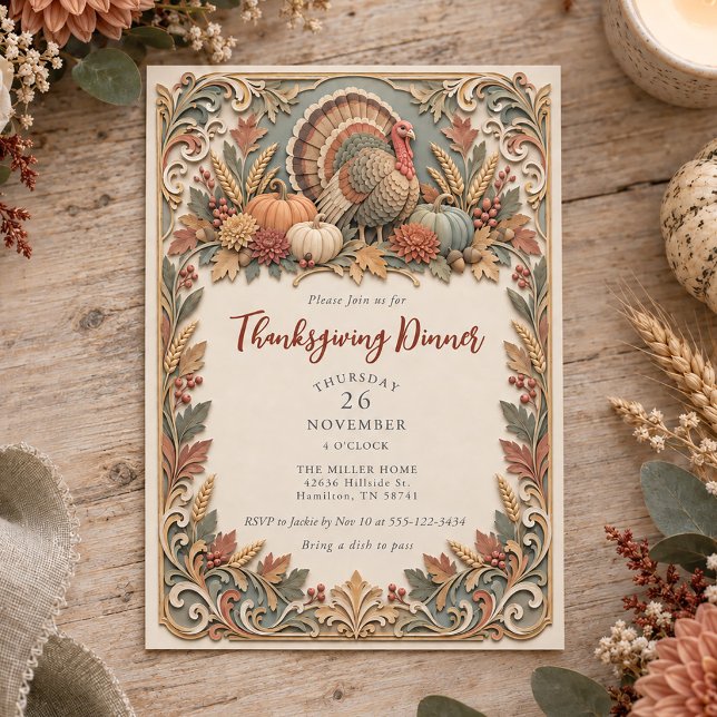 Convite Peru de Ação de Graças com Efeito de Papel Camadas (Layered Paper Effect Turkey Thanksgiving Dinner Invitation)