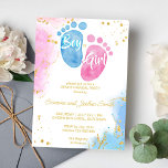 Convite Pés-bebês rapaz ou rapariga cor-de-rosa azul revel<br><div class="desc">Pés-bebê ou sexo azul-rosa-menina revelam ouro e brilho,  garoto ou modelo de convite para garotas,  simples rosa e azul,  guião ouro.</div>
