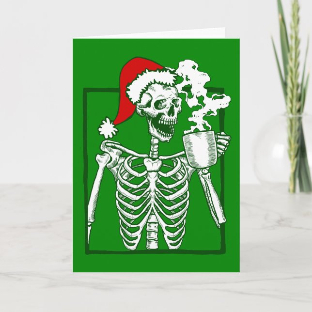 Convite pesadelo natal esqueleto bebendo café caveira (Frente)
