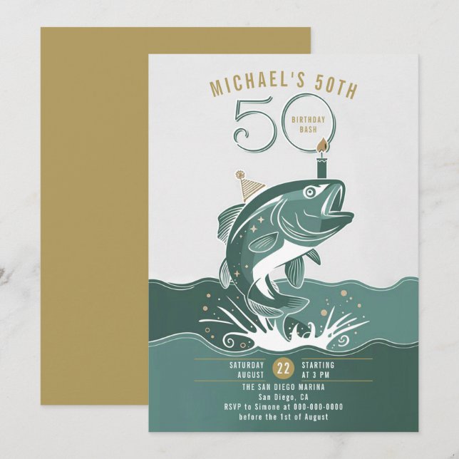 Convite Pesca Diversão Homens Verdes de Peixes 50º Anivers (Frente/Verso)