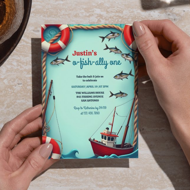 Convite Pesca O-Fish-ally Um primeiro aniversario (O-Fish-ally One First Birthday Party Invitation – Fishing Theme for Boys)