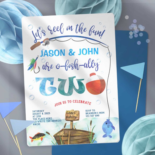 Convite Pesca temático, O aliado de peixe, segundo anivers (Twin boy 1st birthday, Little Fisherman, Gone fishing birthday invitations.)