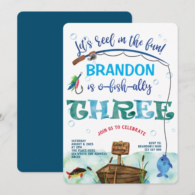 Convite Pescador aniversário de 3 anos, foi pescar (Frente/Verso)