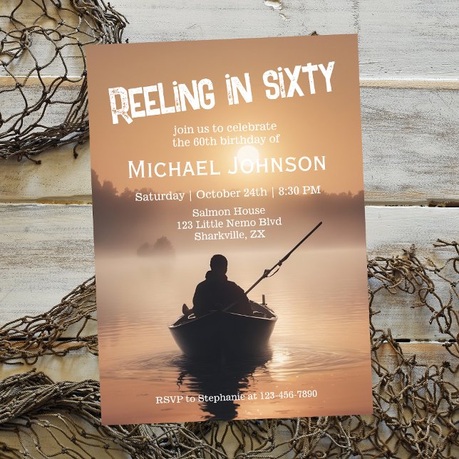 Convite Pescador do nascer do sol de pesca 60.o aniversári (Criador carregado)