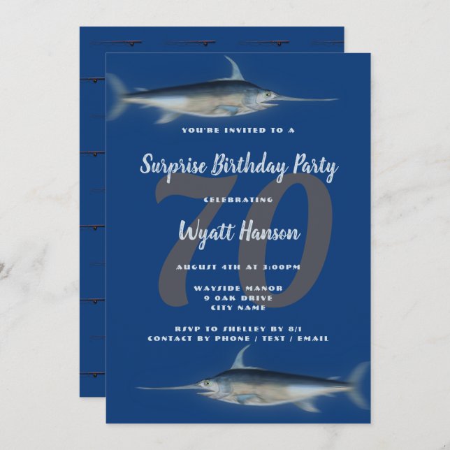 Convite Pescar a Idade Grande Número Azul de Aniversário (Frente/Verso)