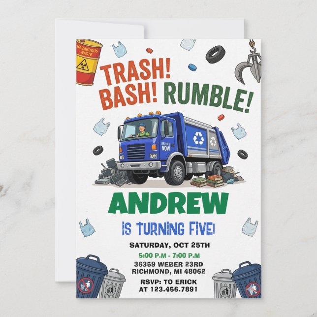 Convite Pesonal Dump Everything Trash Truck Birthday party (Frente)
