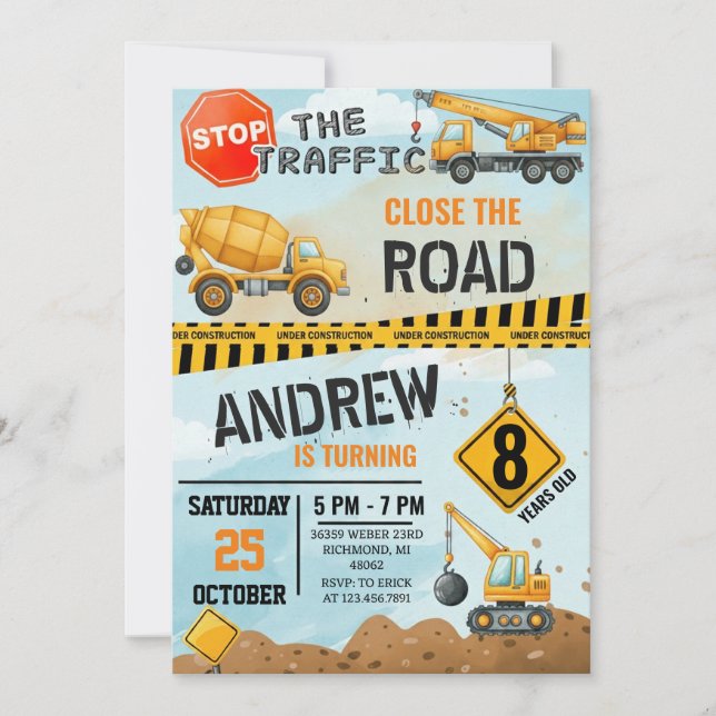 Convite Pesonal Modern Construction Birthday Extravaganza (Frente)