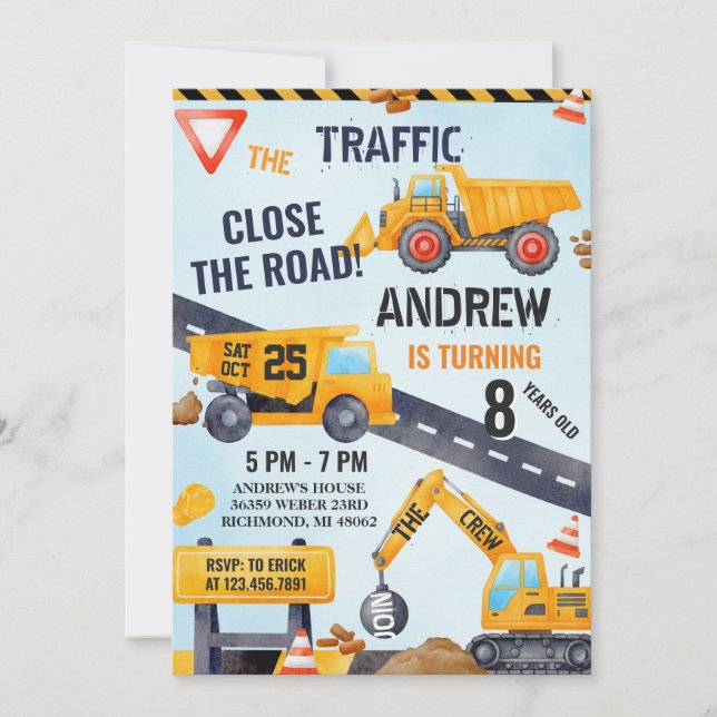 Convite Pesonal Modern Construction Birthday With Photo (Frente)