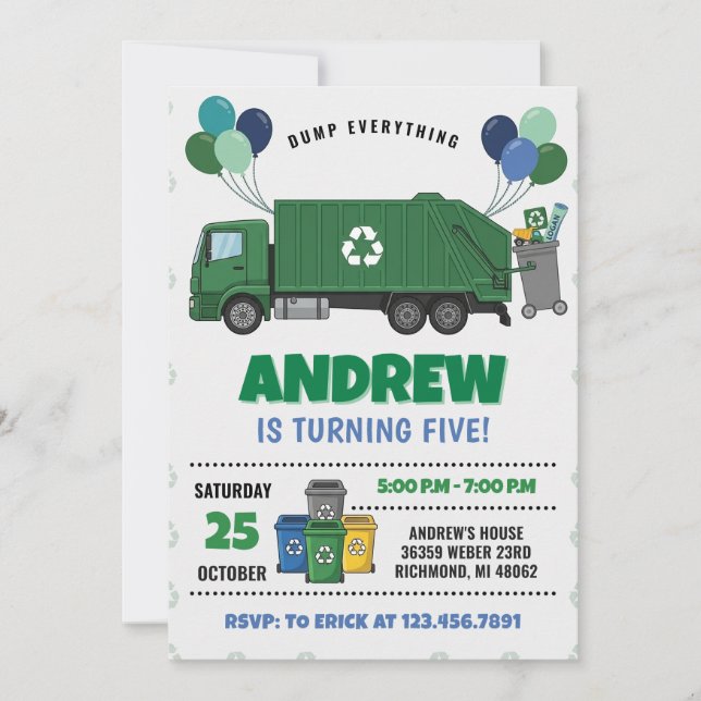 Convite Pesonal Modern Garbage Dump Truck Birthday party (Frente)