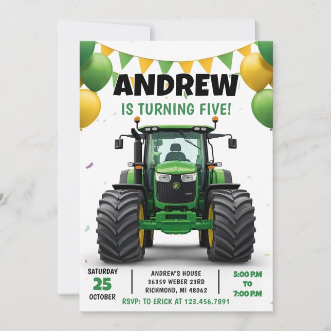 Convite Pesonal Modern Tractor Birthday (Frente)