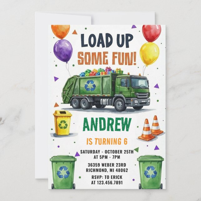 Convite Pesonal Trash Truck Recycling Birthday Bash (Frente)