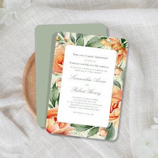 Convite Pêssego Aguarela Floral Verde Elegante Casamento