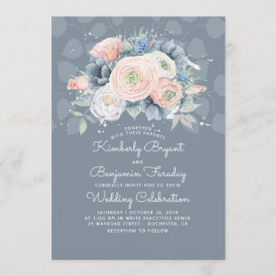 Convite Pêssego azul e casamento elegante floral