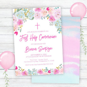 Convite Pêssego Azul Rosa Púrpura Floral Primeira Comunhão
