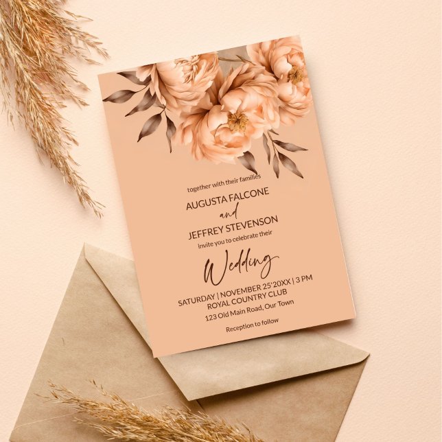 Convite Pêssego beige flores elegantes, tudo em um casamen (Peach beige flowers elegant all in one wedding editable template invitation digital download)