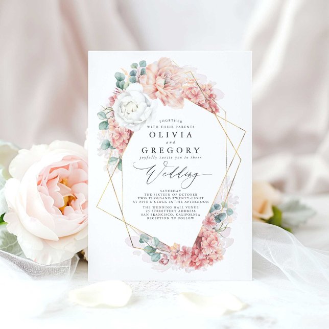 Convite Pêssego Blush Branco e Casamento Floral Rosa Dusty (Pink Floral Sophisticated Wedding Invitations)