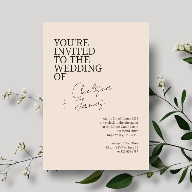 Convite Pêssego | Casamento Minimalista Chic Script (Criador carregado)