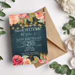 Convite Pêssego cor-de-rosa pincelado marinho dourado luze<br><div class="desc">O elegante estilo vintage romântico,  doce,  dezesseis modelo convite de festas,  com rosas cor-de-rosa-claro-rosado e ouro-pêssego e bordas florescentes e cordas rústicas ouros ou luzes cintilantes em um fundo comum azul-escuro. — O convite é adequado para primavera ou noite de verão,  festas rústicas ou jardineiras ao ar livre.</div>