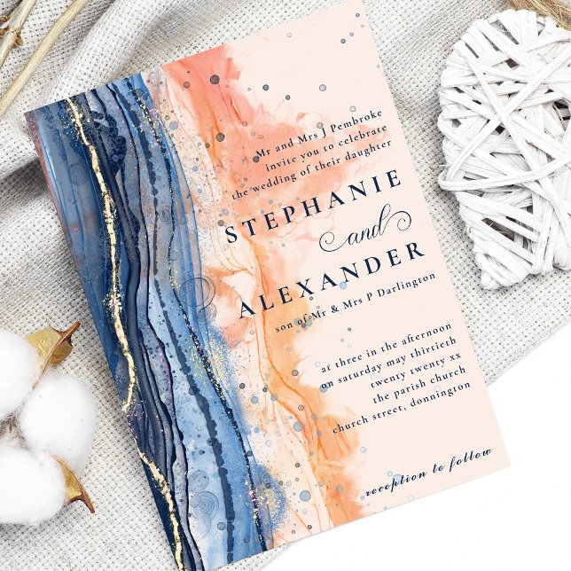 Convite Pêssego de Aquarela e Casamento Formal Azul (Criador carregado)