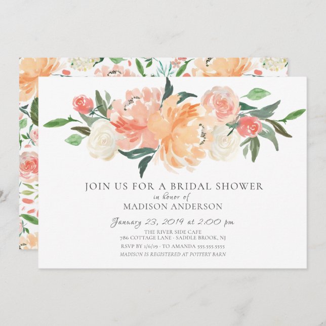 Convite Pêssego de Aquarela e Chá de panela Floral de Crem (Frente/Verso)