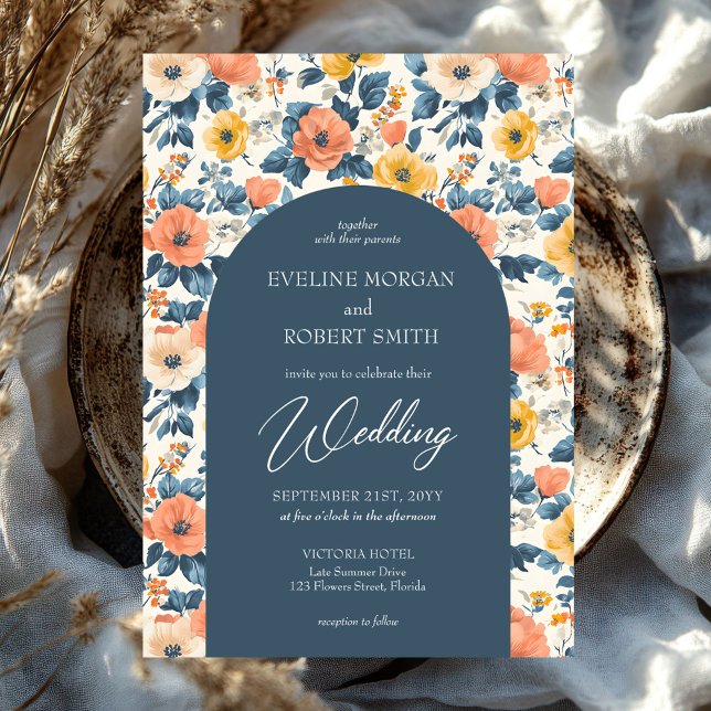 Convite Pêssego de aranha-do-boho, flores amarelas e creme (colorful watercolor cottage wild flowers orange cream and dark blue wedding invitation)