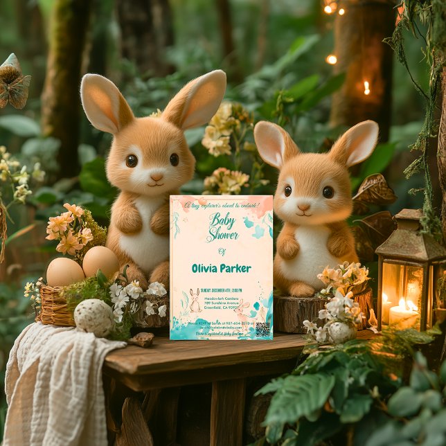 Convite Pêssego Delicado e Aquarela Teal Bebê (Criador carregado)