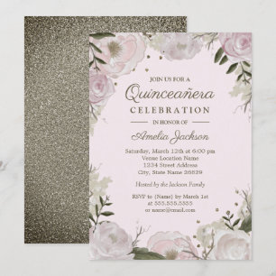 Convite Pêssego Dourado Floral Quinceanera
